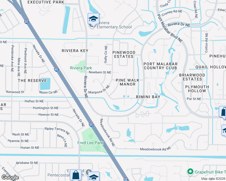map of restaurants, bars, coffee shops, grocery stores, and more near 1101 Craftsland Lane Northeast in Palm Bay