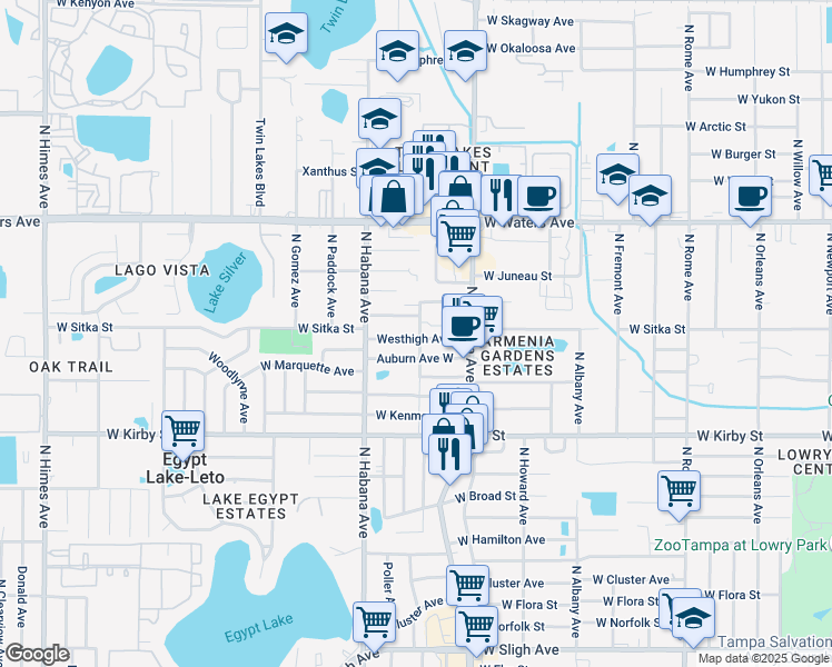 map of restaurants, bars, coffee shops, grocery stores, and more near 2601 Westhigh Avenue in Tampa