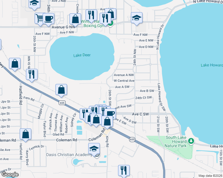 map of restaurants, bars, coffee shops, grocery stores, and more near 2521 Avenue A Southwest in Winter Haven