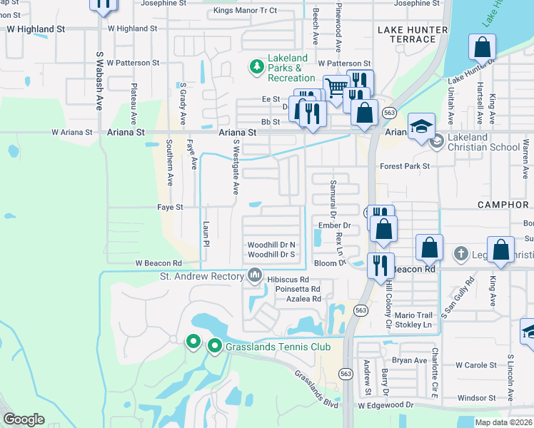 map of restaurants, bars, coffee shops, grocery stores, and more near Brookway Terrace in Lakeland