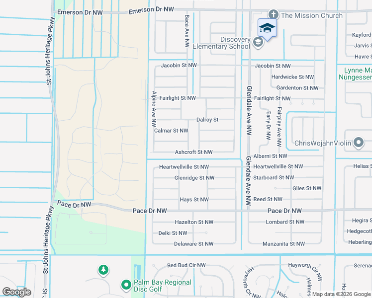 map of restaurants, bars, coffee shops, grocery stores, and more near 1805 Ashcroft Street Northwest in Palm Bay