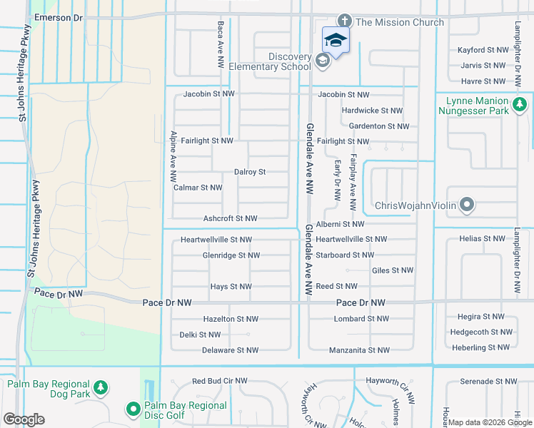 map of restaurants, bars, coffee shops, grocery stores, and more near 1737 Ashcroft Street Northwest in Palm Bay