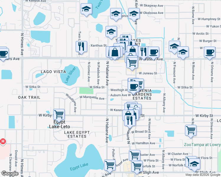 map of restaurants, bars, coffee shops, grocery stores, and more near 2705 Westhigh Avenue in Tampa
