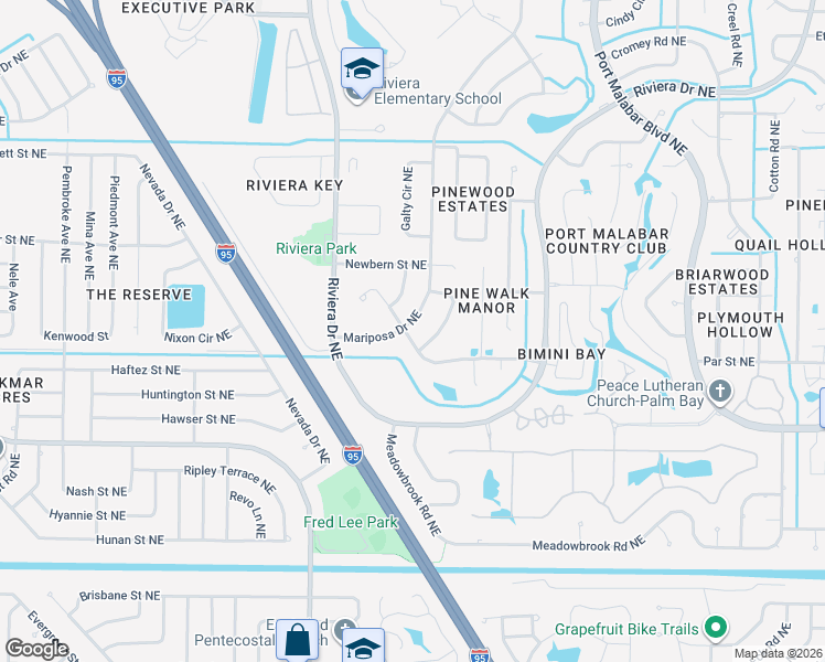 map of restaurants, bars, coffee shops, grocery stores, and more near 1101 Craftsland Lane Northeast in Palm Bay