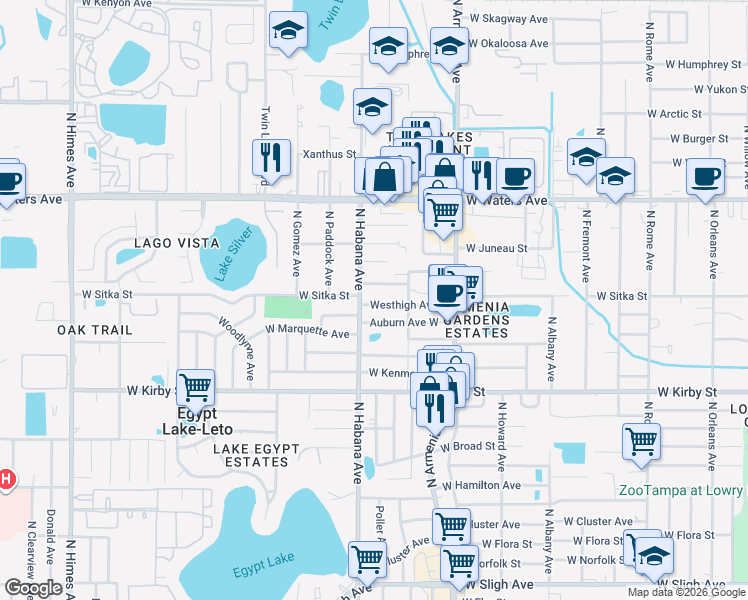 map of restaurants, bars, coffee shops, grocery stores, and more near 2705 Westhigh Avenue in Tampa