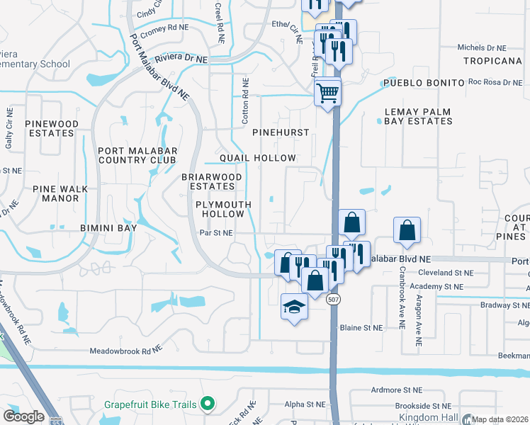 map of restaurants, bars, coffee shops, grocery stores, and more near 941 Hooper Ave NE in Palm Bay