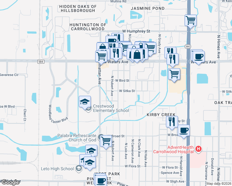 map of restaurants, bars, coffee shops, grocery stores, and more near 8018 North Thatcher Avenue in Tampa