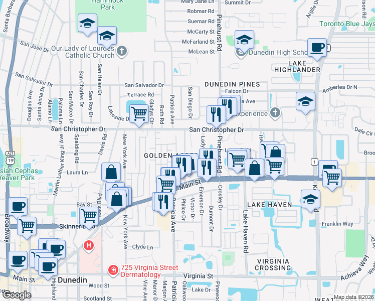 map of restaurants, bars, coffee shops, grocery stores, and more near 1325 Robin Hood Ln in Dunedin