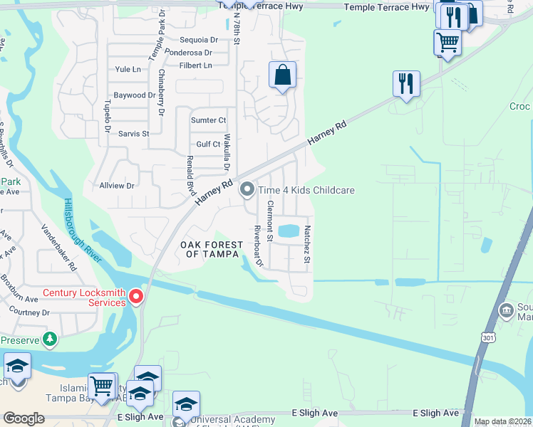 map of restaurants, bars, coffee shops, grocery stores, and more near 8302 Clermont Street in Tampa