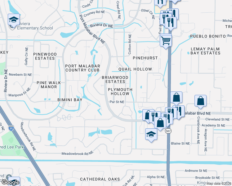 map of restaurants, bars, coffee shops, grocery stores, and more near 941 Briarwood Boulevard Northeast in Palm Bay