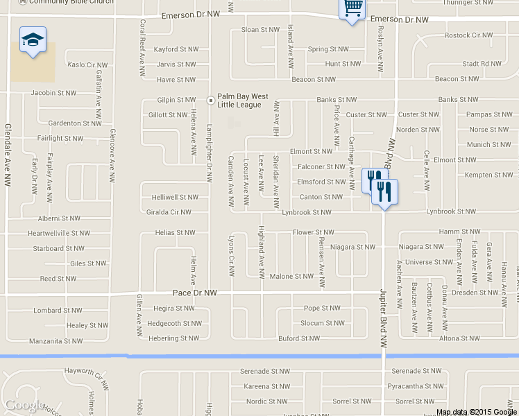 map of restaurants, bars, coffee shops, grocery stores, and more near 1145 Lynbrook Street Northwest in Palm Bay