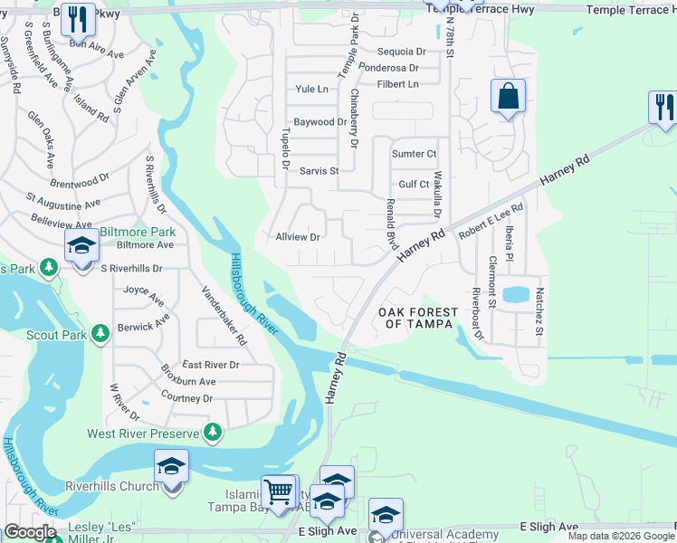 map of restaurants, bars, coffee shops, grocery stores, and more near 7547 Terrace River Drive in Tampa