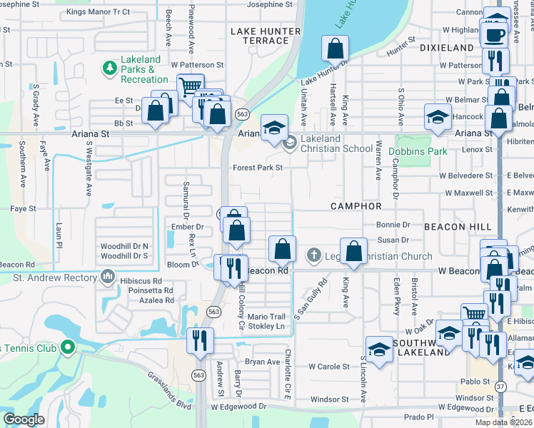 map of restaurants, bars, coffee shops, grocery stores, and more near 185 Calamondin Street in Lakeland