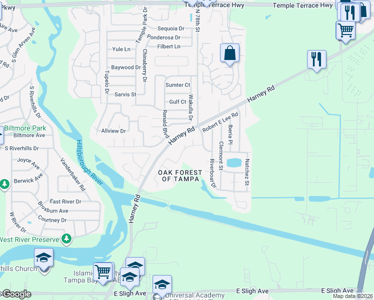 map of restaurants, bars, coffee shops, grocery stores, and more near 7607 Savannah Lane in Tampa