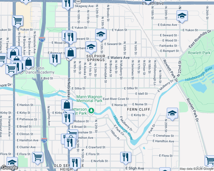 map of restaurants, bars, coffee shops, grocery stores, and more near 8104 North Klondyke Street in Tampa