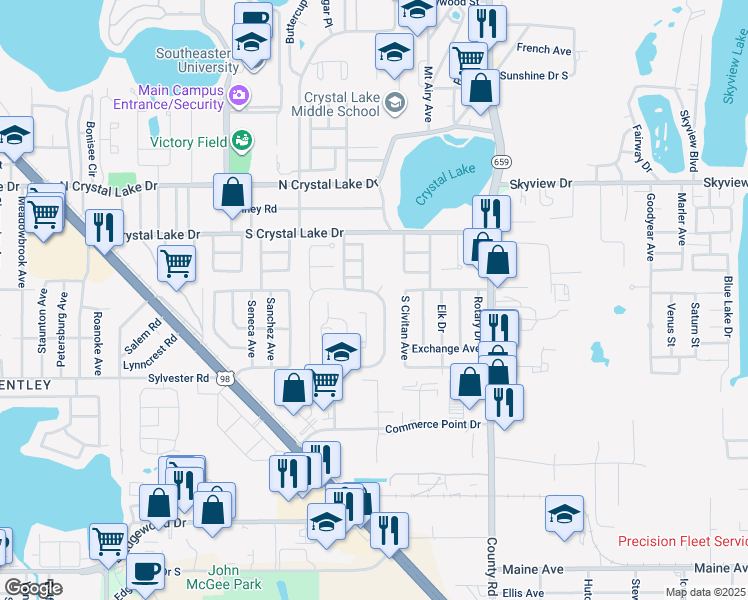 map of restaurants, bars, coffee shops, grocery stores, and more near 1689 Crystal Grove Drive in Lakeland