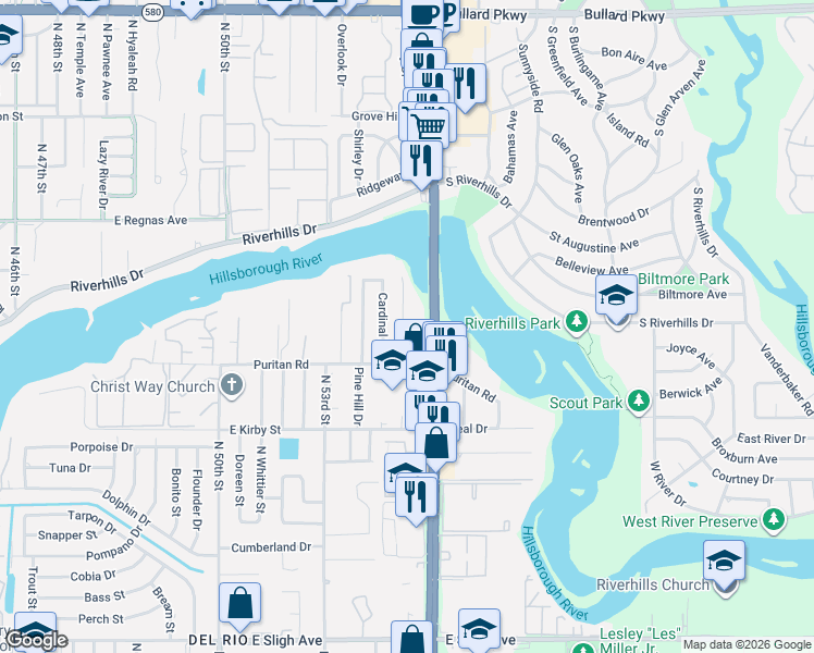 map of restaurants, bars, coffee shops, grocery stores, and more near 8009 Cardinal Drive in Tampa
