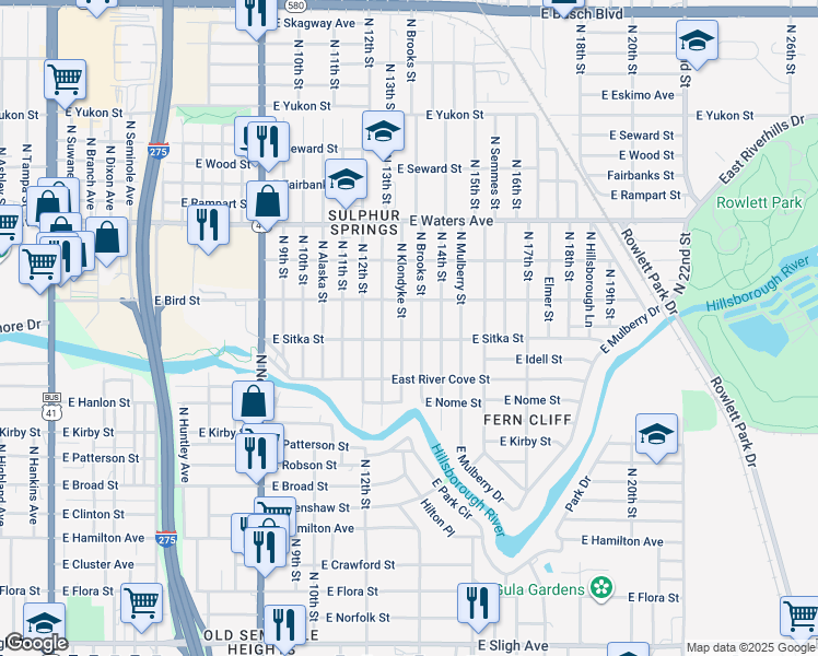 map of restaurants, bars, coffee shops, grocery stores, and more near 8104 North Klondyke Street in Tampa