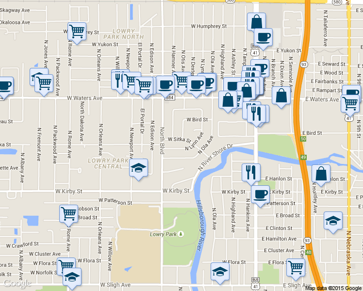map of restaurants, bars, coffee shops, grocery stores, and more near 8020 North Lynn Avenue in Tampa