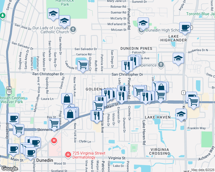 map of restaurants, bars, coffee shops, grocery stores, and more near 1325 Robin Hood Lane in Dunedin