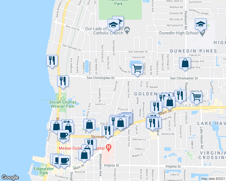 map of restaurants, bars, coffee shops, grocery stores, and more near 1310 Davis Road in Dunedin