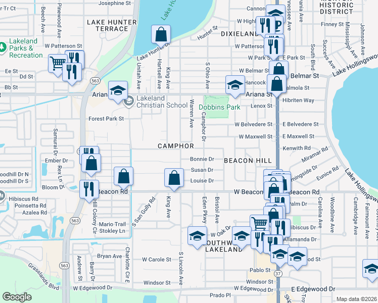map of restaurants, bars, coffee shops, grocery stores, and more near 710 West Shady Lane in Lakeland