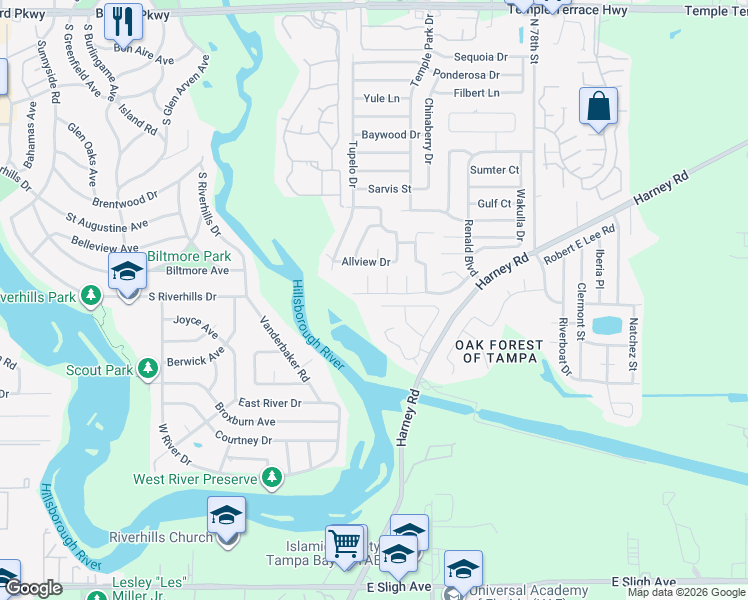 map of restaurants, bars, coffee shops, grocery stores, and more near 7615 Terrace River Drive in Tampa