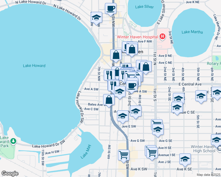 map of restaurants, bars, coffee shops, grocery stores, and more near in Winter Haven