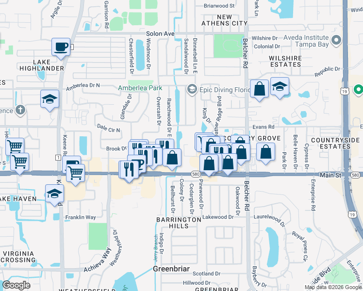 map of restaurants, bars, coffee shops, grocery stores, and more near 1980 Tahitian Place in Dunedin