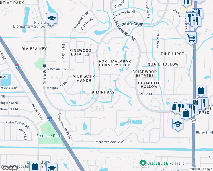 map of restaurants, bars, coffee shops, grocery stores, and more near 1092 Eleuthera Drive Northeast in Palm Bay
