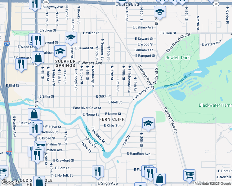 map of restaurants, bars, coffee shops, grocery stores, and more near 8106 North Elmer Street in Tampa