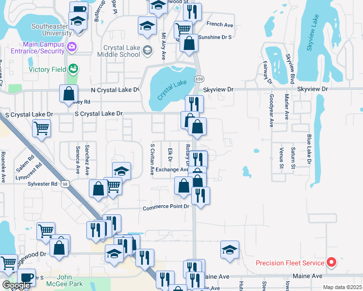 map of restaurants, bars, coffee shops, grocery stores, and more near 1718 Moose Drive in Lakeland