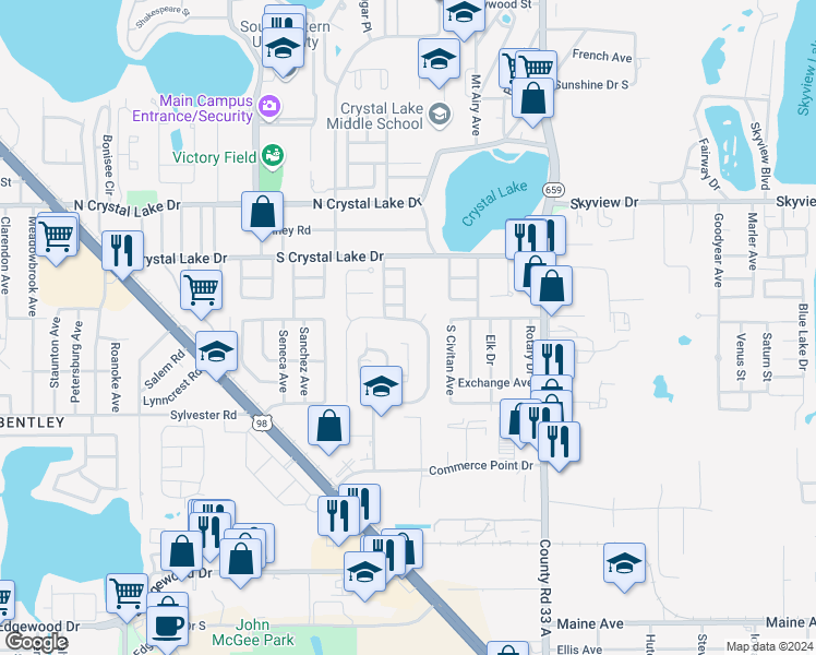 map of restaurants, bars, coffee shops, grocery stores, and more near 1689 Crystal Grove Dr in Lakeland