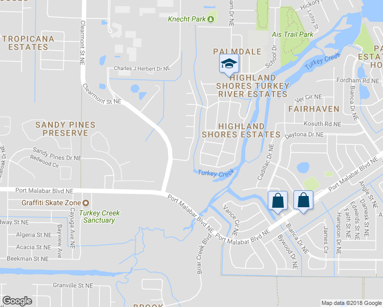 map of restaurants, bars, coffee shops, grocery stores, and more near 999 Mandarin Drive Northeast in Palm Bay