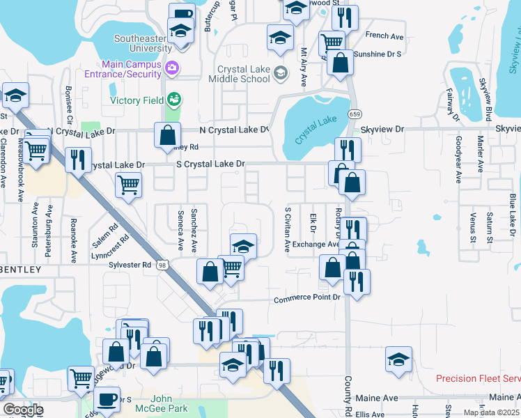 map of restaurants, bars, coffee shops, grocery stores, and more near 1689 Crystal Grove Drive in Lakeland