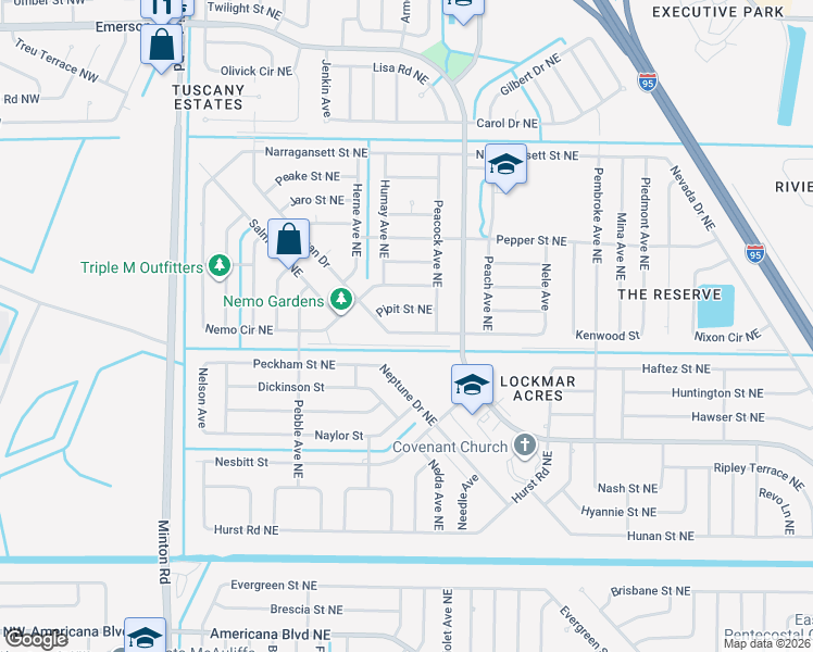 map of restaurants, bars, coffee shops, grocery stores, and more near 417 Hyder St NE in Palm Bay