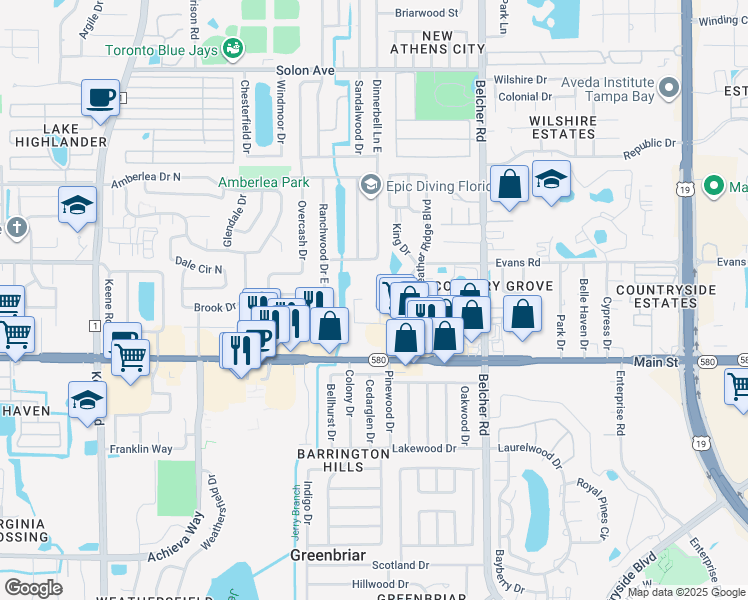 map of restaurants, bars, coffee shops, grocery stores, and more near 1980 Tahitian Place in Dunedin