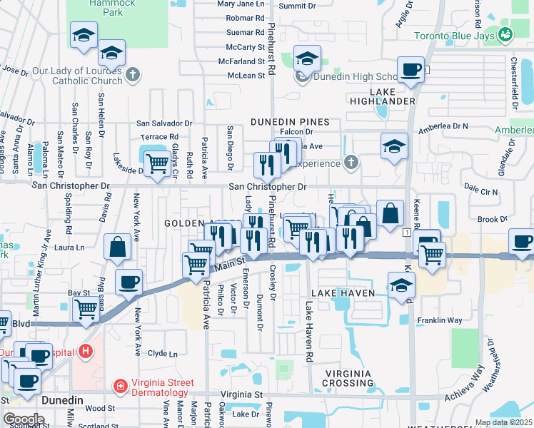 map of restaurants, bars, coffee shops, grocery stores, and more near 1153 Pinehurst Road in Dunedin