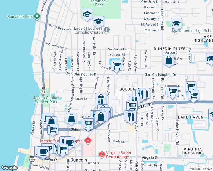 map of restaurants, bars, coffee shops, grocery stores, and more near 1243 Bass Boulevard in Dunedin