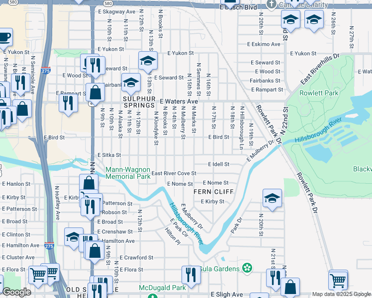 map of restaurants, bars, coffee shops, grocery stores, and more near 1504 East Sitka Street in Tampa
