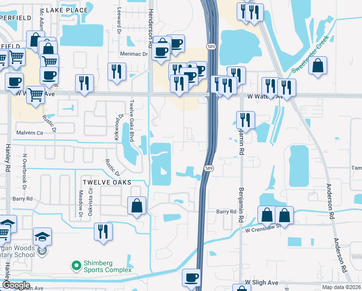 map of restaurants, bars, coffee shops, grocery stores, and more near 5916 West Sitka Street in Tampa