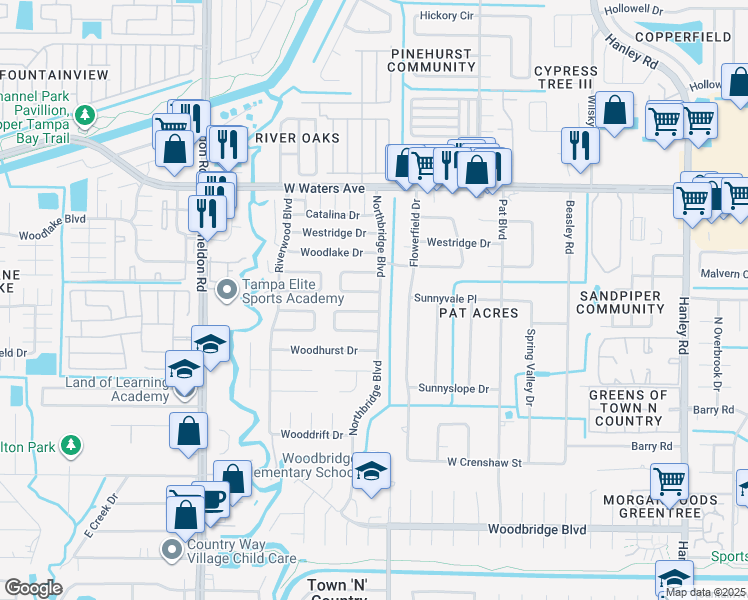 map of restaurants, bars, coffee shops, grocery stores, and more near 7940 Woodgrove Circle in Tampa