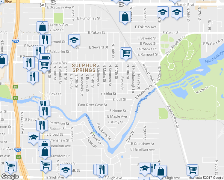 map of restaurants, bars, coffee shops, grocery stores, and more near 8109 Semmes Street in Tampa