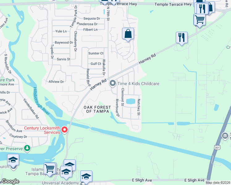 map of restaurants, bars, coffee shops, grocery stores, and more near 8320 Riverboat Drive in Tampa