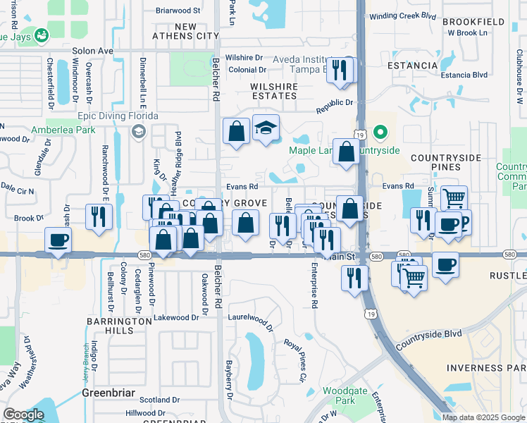 map of restaurants, bars, coffee shops, grocery stores, and more near 2760 Park Drive in Clearwater