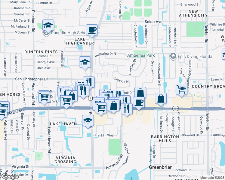 map of restaurants, bars, coffee shops, grocery stores, and more near 1198 Lazy Lake Road East in Dunedin