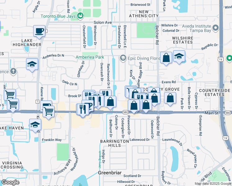map of restaurants, bars, coffee shops, grocery stores, and more near 1980 Tahitian Place in Dunedin