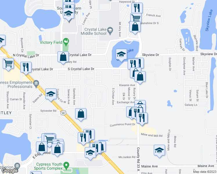 map of restaurants, bars, coffee shops, grocery stores, and more near 1744 Crystal Grove Drive in Lakeland