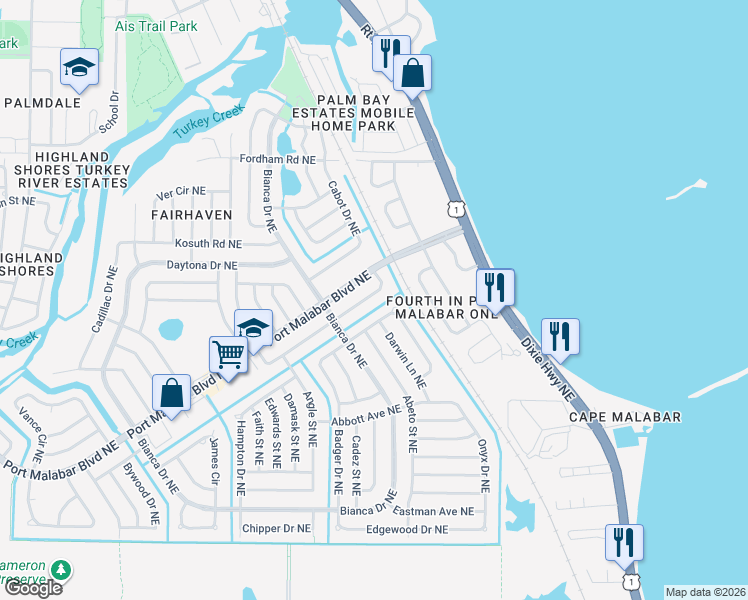 map of restaurants, bars, coffee shops, grocery stores, and more near 3050 Garden Terrace Northeast in Palm Bay