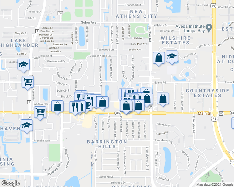 map of restaurants, bars, coffee shops, grocery stores, and more near 1980 Tahitian Place in Dunedin